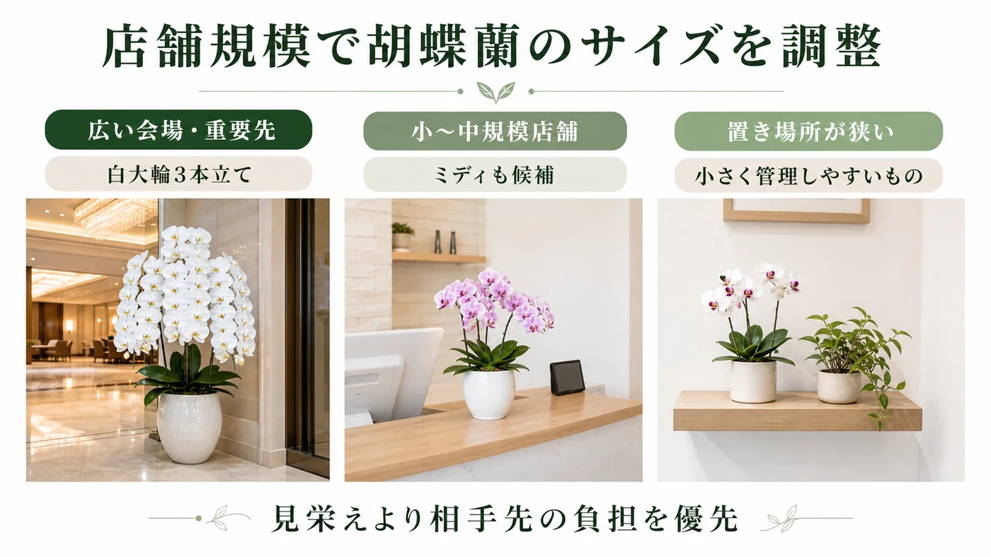広い会場・小中規模店舗・狭い置き場所に合わせて大輪・ミディ・小型植物を選ぶ比較図