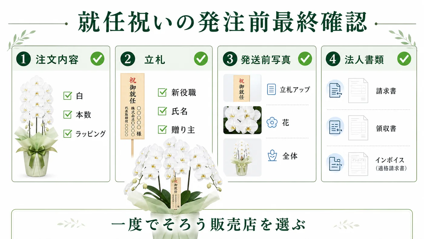 注文内容・立札・発送前写真・請求書や領収書を一度に確認する法人胡蝶蘭の最終チェック図