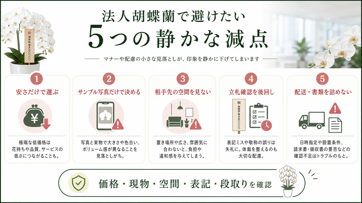 価格・サンプル写真・相手先の空間・立札確認・配送書類で起きる法人胡蝶蘭の失敗を示す図解