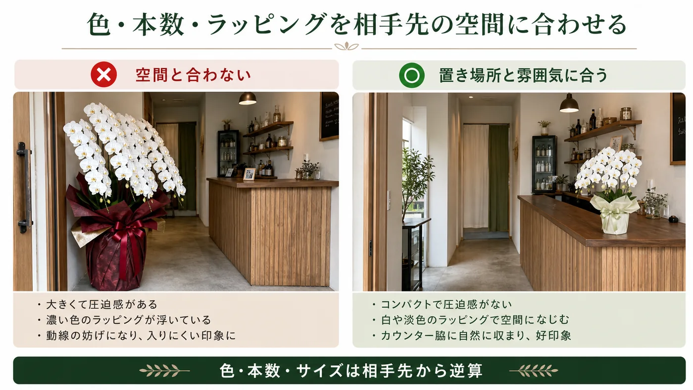 小さな店舗に大きすぎる胡蝶蘭を置く例と空間に合うミディ胡蝶蘭を比較した図解