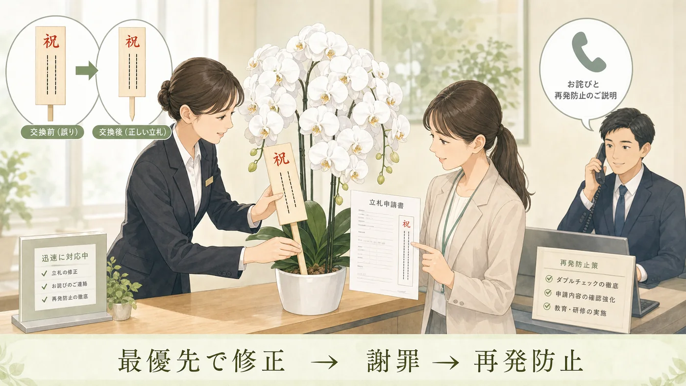 胡蝶蘭の立札ミスに気づいた後に販売店が正しい立札へ交換し謝罪と再発防止を伝えるイラスト