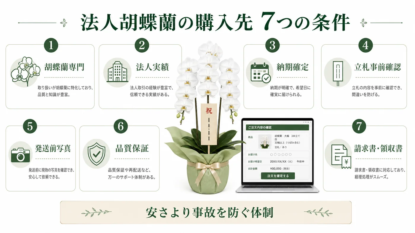 専門性・法人実績・納期・立札確認・発送前写真・保証・法人書類で購入先を選ぶ図解