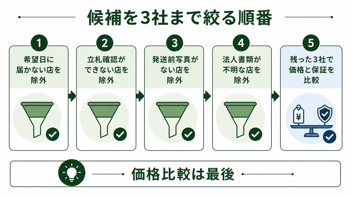 納期・立札確認・発送前写真・法人書類で候補店を除外し最後に価格と保証を比較する図解