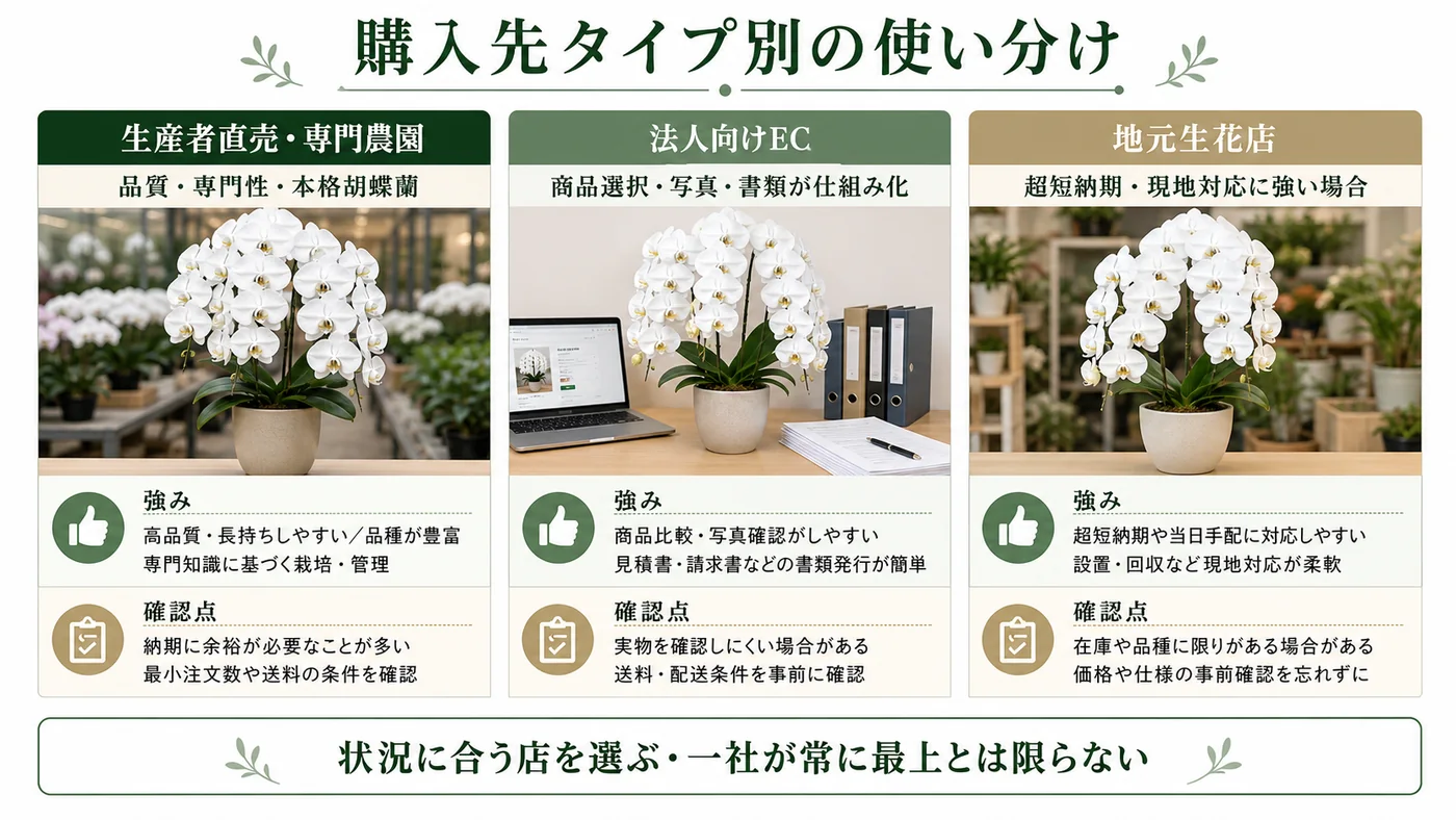 生産者直売の専門農園・法人向けEC・地元生花店の強みと確認点を比較した図解