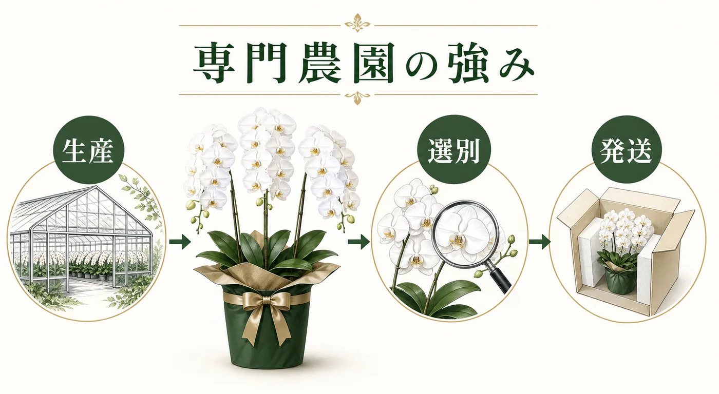 胡蝶蘭専門農園の生産・選別・発送が一貫する強みを示す図解
