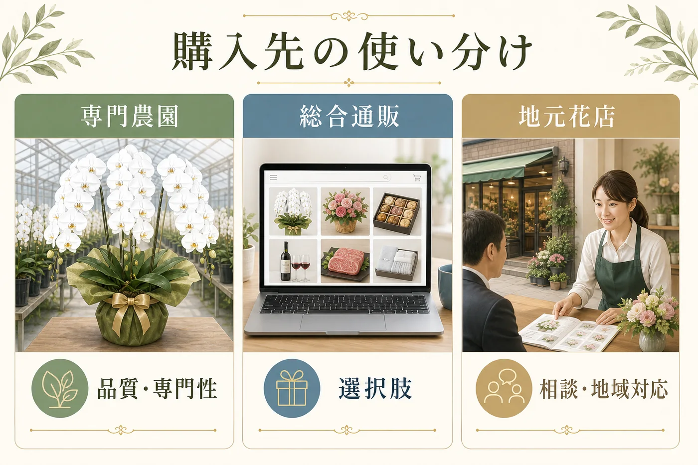 専門農園・総合通販・地元花店の強みと使い分けを比較する図解