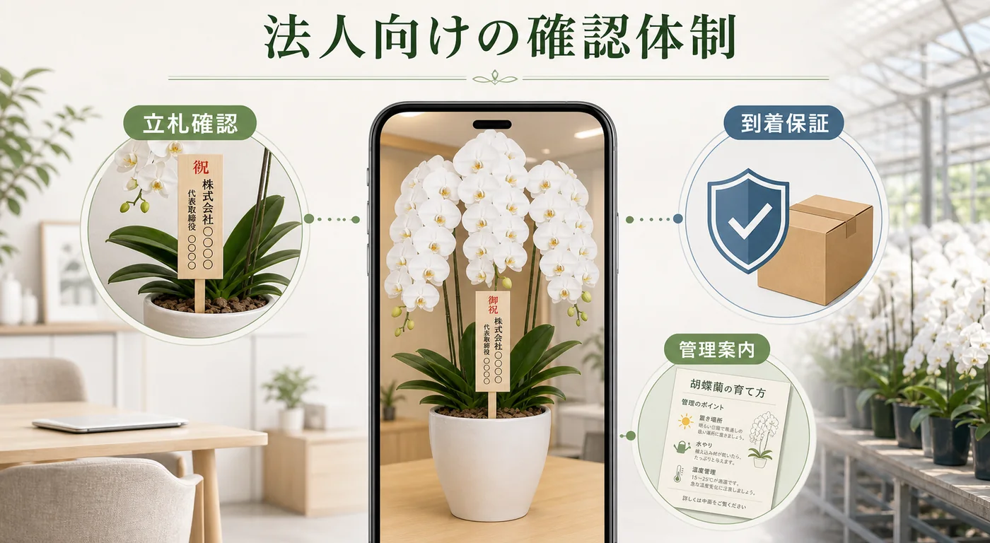 立札確認・到着保証・管理案内を発送前写真とともに確認する法人向けサービス図解