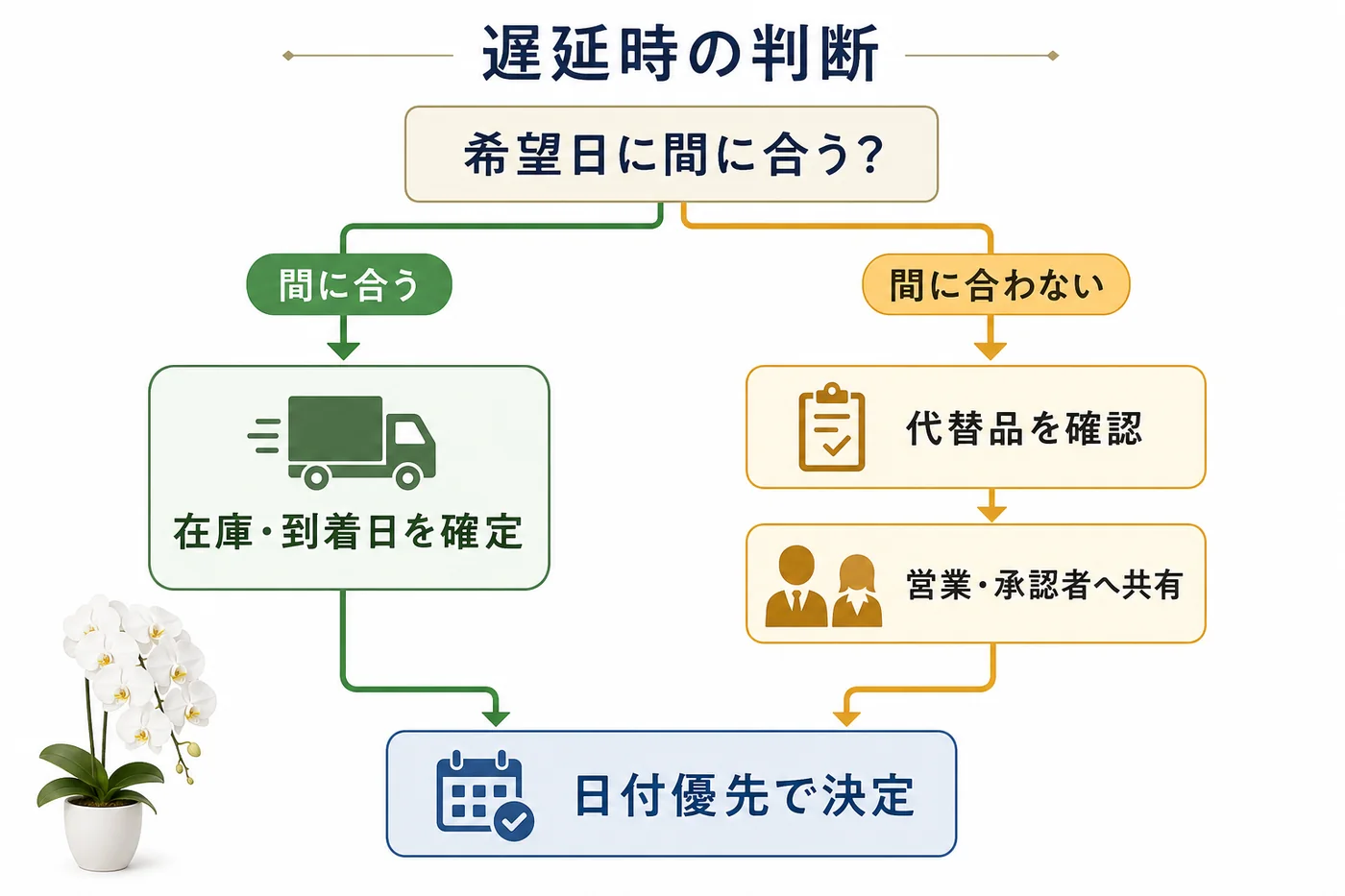希望日に間に合わない場合の代替品確認と社内共有の判断フロー図
