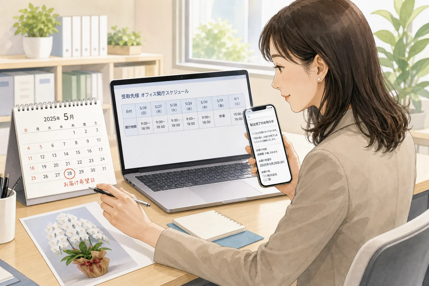 受取先の営業日程と配送通知を照合して胡蝶蘭の到着日を最終確認する総務担当者のイラスト