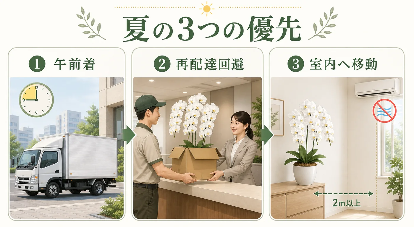 夏の法人胡蝶蘭で午前着・再配達回避・空調風を避けた室内移動を優先する図解
