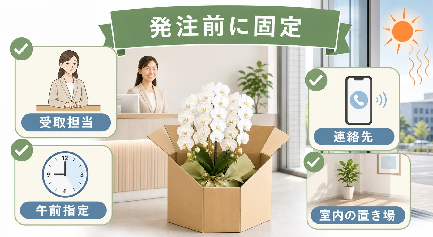 夏の胡蝶蘭配送前に受取担当・午前指定・連絡先・室内の置き場を確認する図解