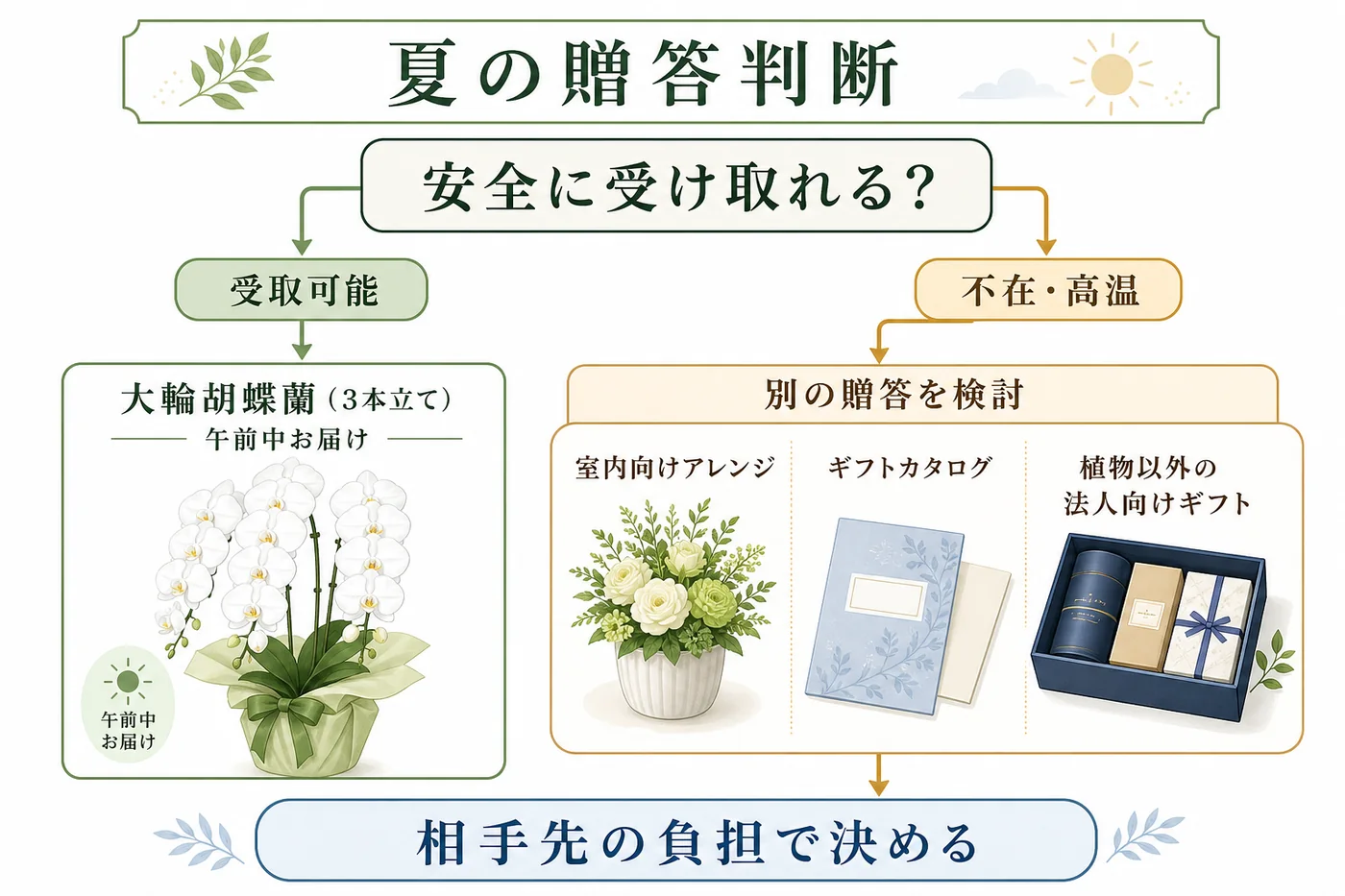 安全に受け取れない場合は胡蝶蘭以外の贈答も検討する判断フロー図