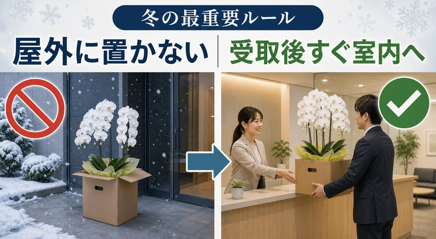 冬に届いた法人胡蝶蘭を屋外に置かず受取後すぐ室内へ移動する図解