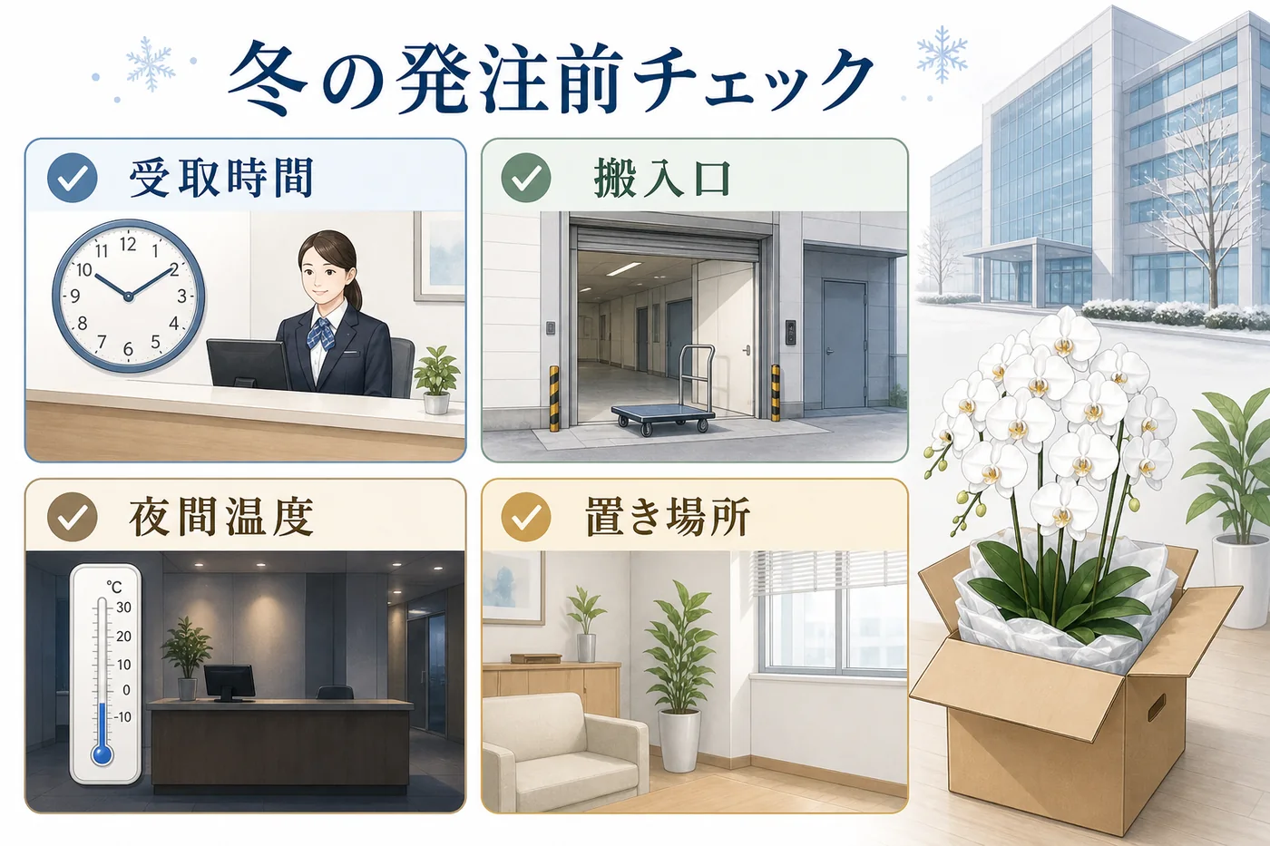 冬の胡蝶蘭配送前に受取時間・搬入口・夜間温度・置き場所を確認する図解