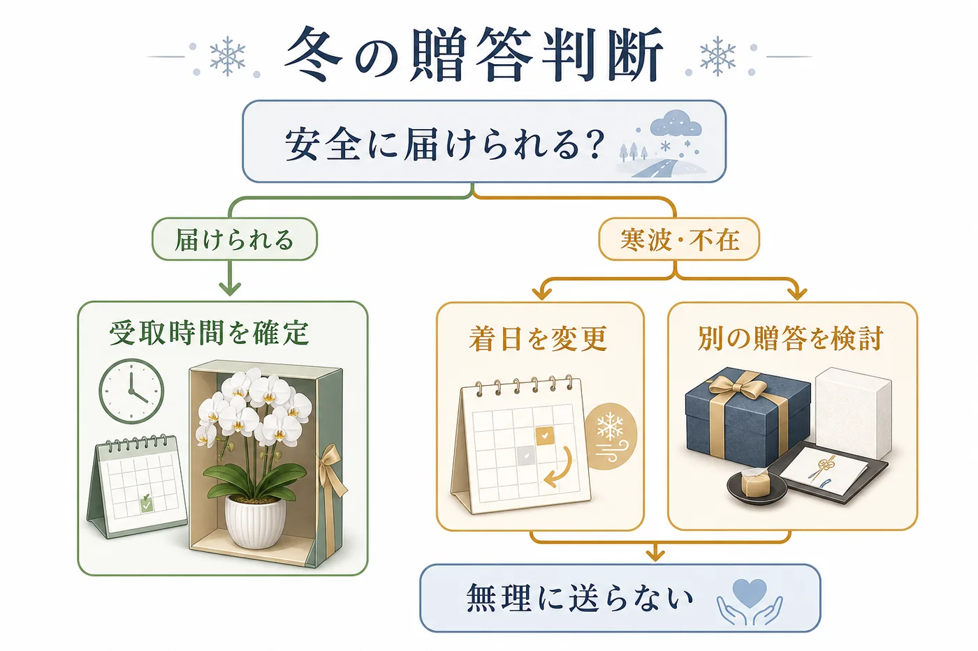寒波や不在時に胡蝶蘭の着日変更や別の贈答を検討する判断フロー図