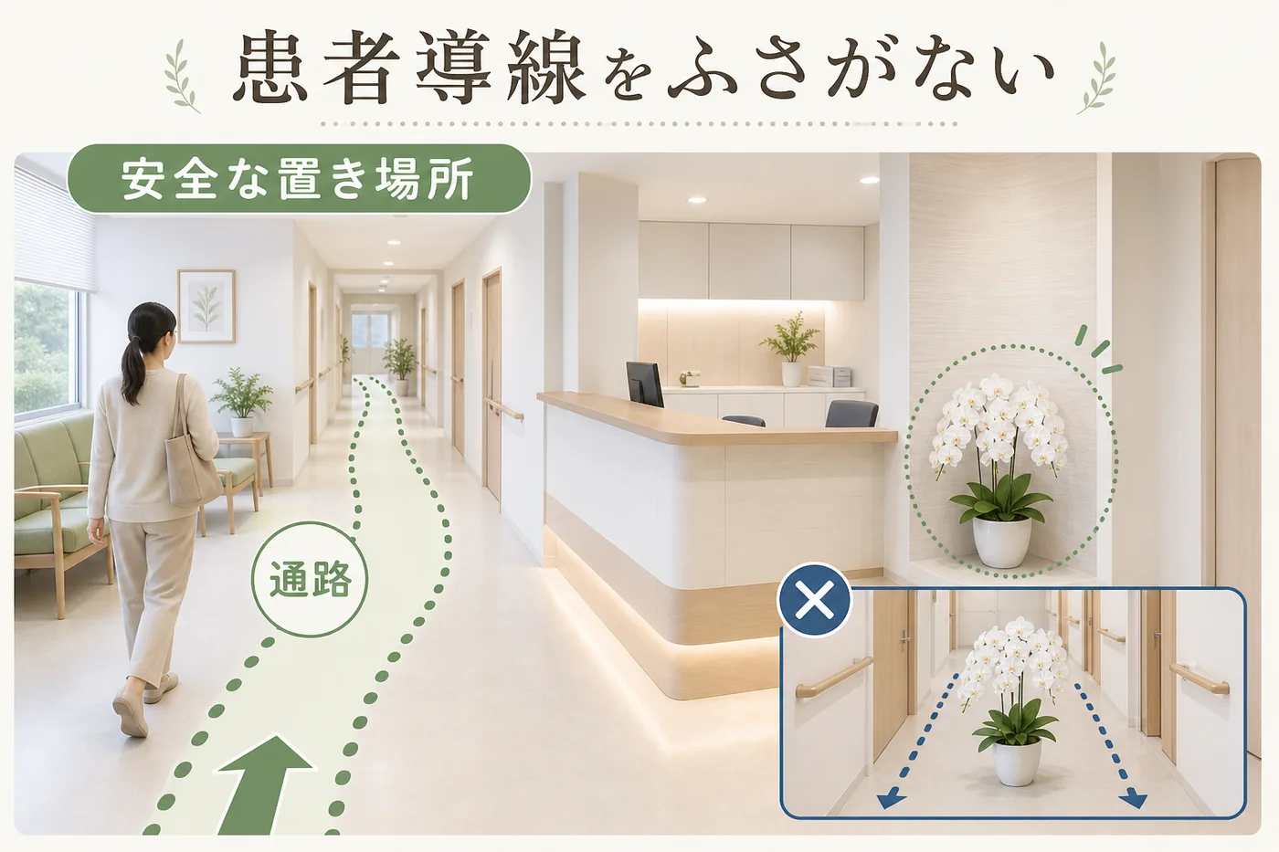医療機関の患者通路を避けて胡蝶蘭を受付横の安全な場所に置く図解