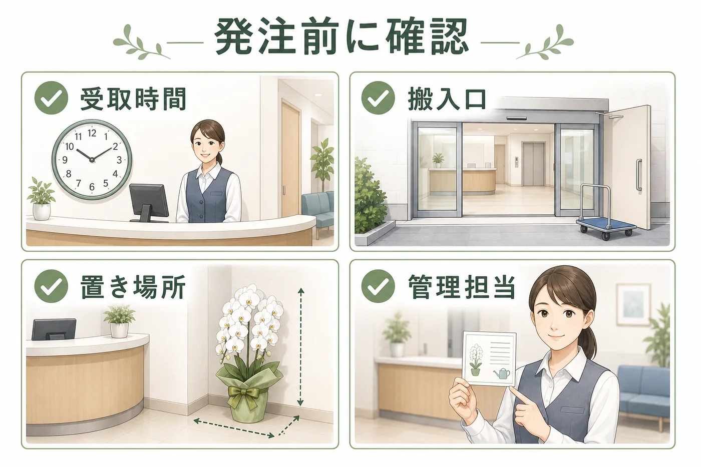 医療機関へ胡蝶蘭を贈る前に受取時間・搬入口・置き場所・管理担当を確認する図解