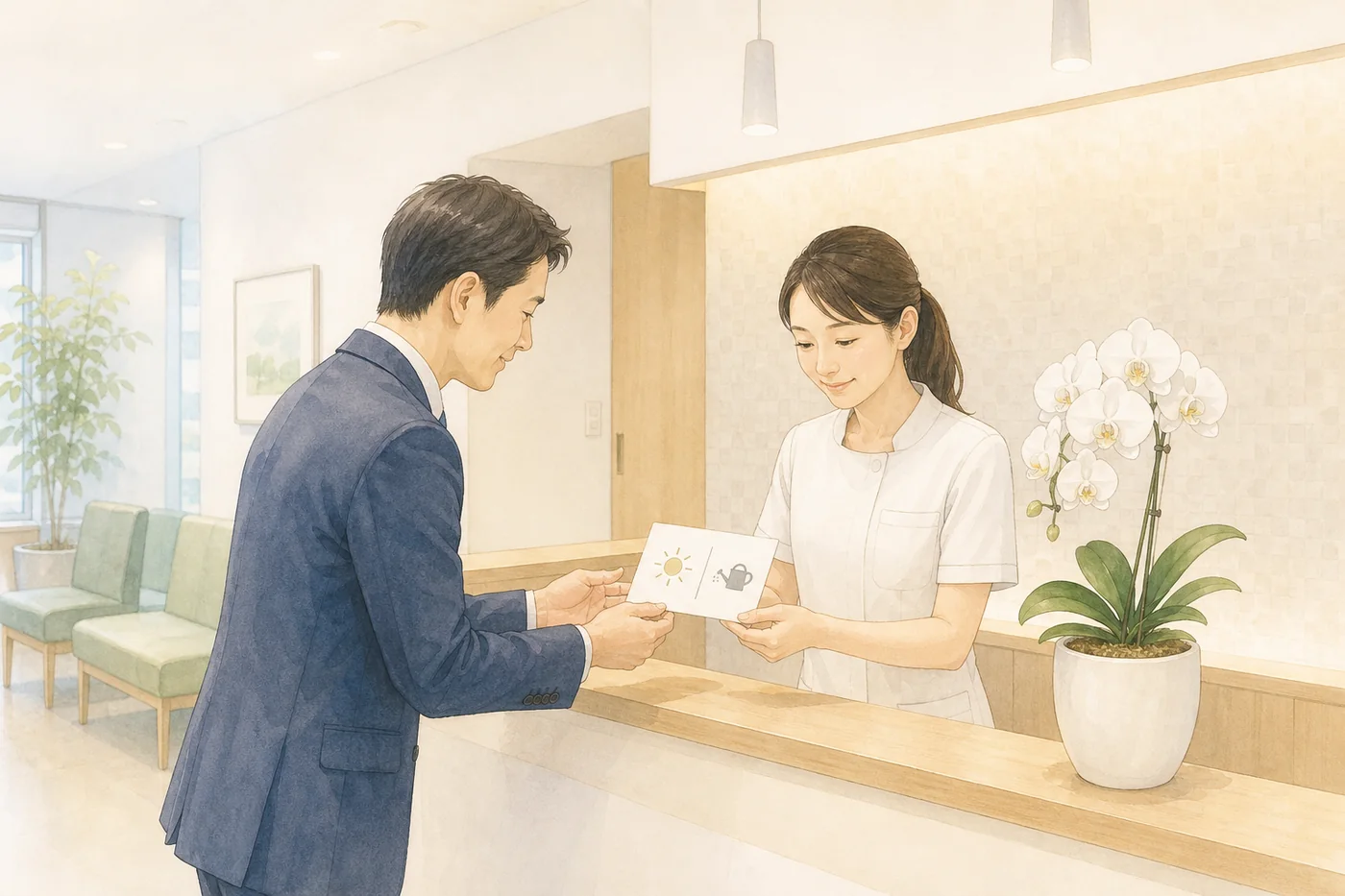 医療機関の受付担当者へ胡蝶蘭の置き場所と水やりの管理案内を渡すイラスト