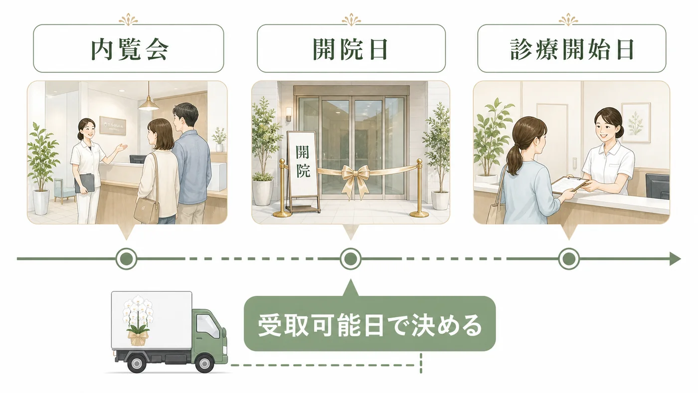 内覧会・開院日・診療開始日と受取可能日から胡蝶蘭の到着日を決める図解