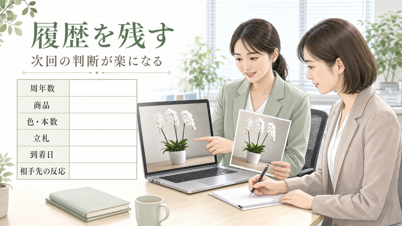 周年数・商品・色と本数・立札・到着日・相手先の反応を記録する総務担当者のイラスト
