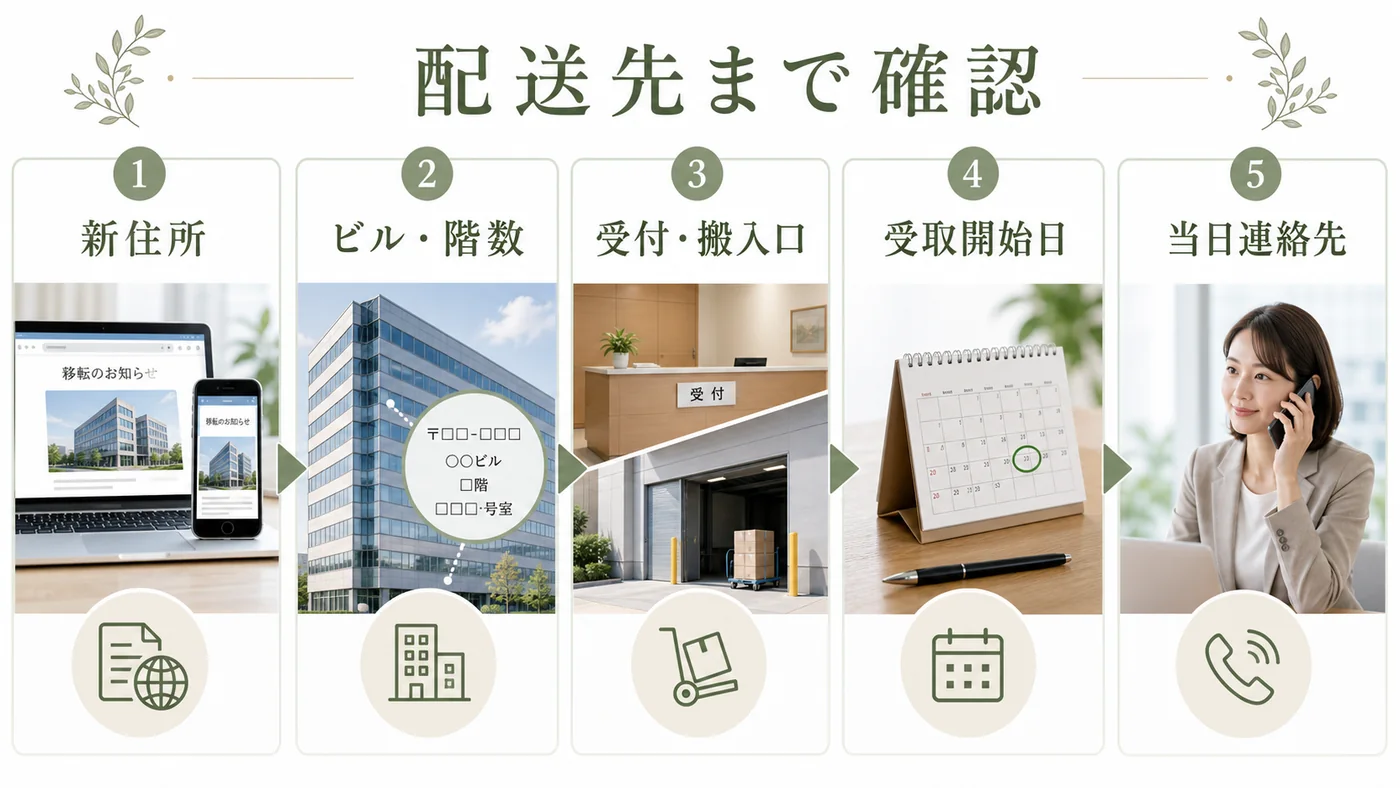 新住所からビル階数・受付搬入口・受取開始日・当日連絡先まで確認する図解