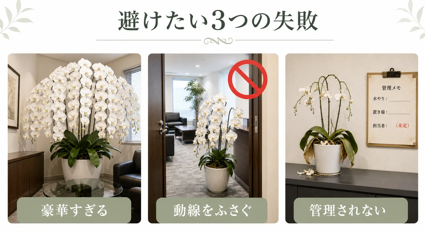 役員室の胡蝶蘭で豪華すぎる・動線をふさぐ・管理されない失敗を示す図解