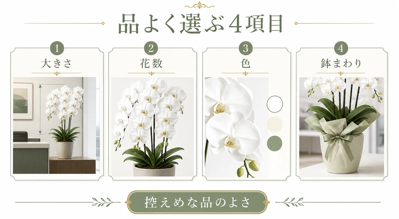 役員室の胡蝶蘭を大きさ・花数・色・鉢まわりの4項目で選ぶ図解
