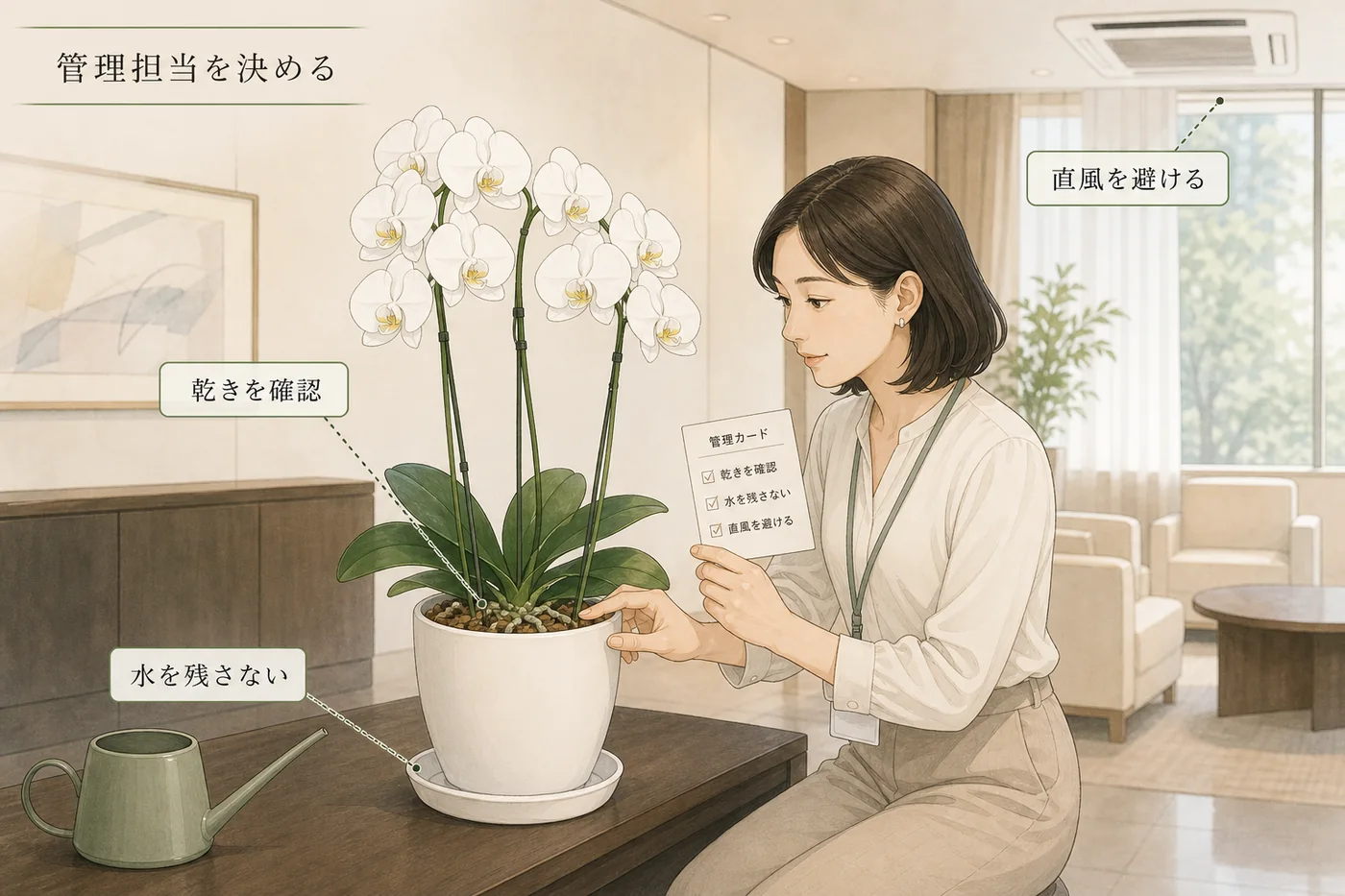 役員室の胡蝶蘭について乾き・水残り・空調の直風を管理担当者が確認するイラスト
