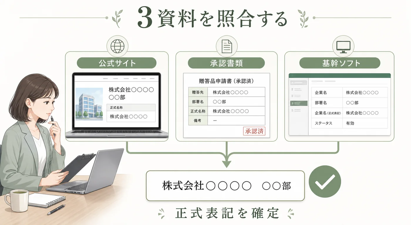 公式サイト・承認書類・基幹ソフトを照合して立札の正式表記を確定する図解