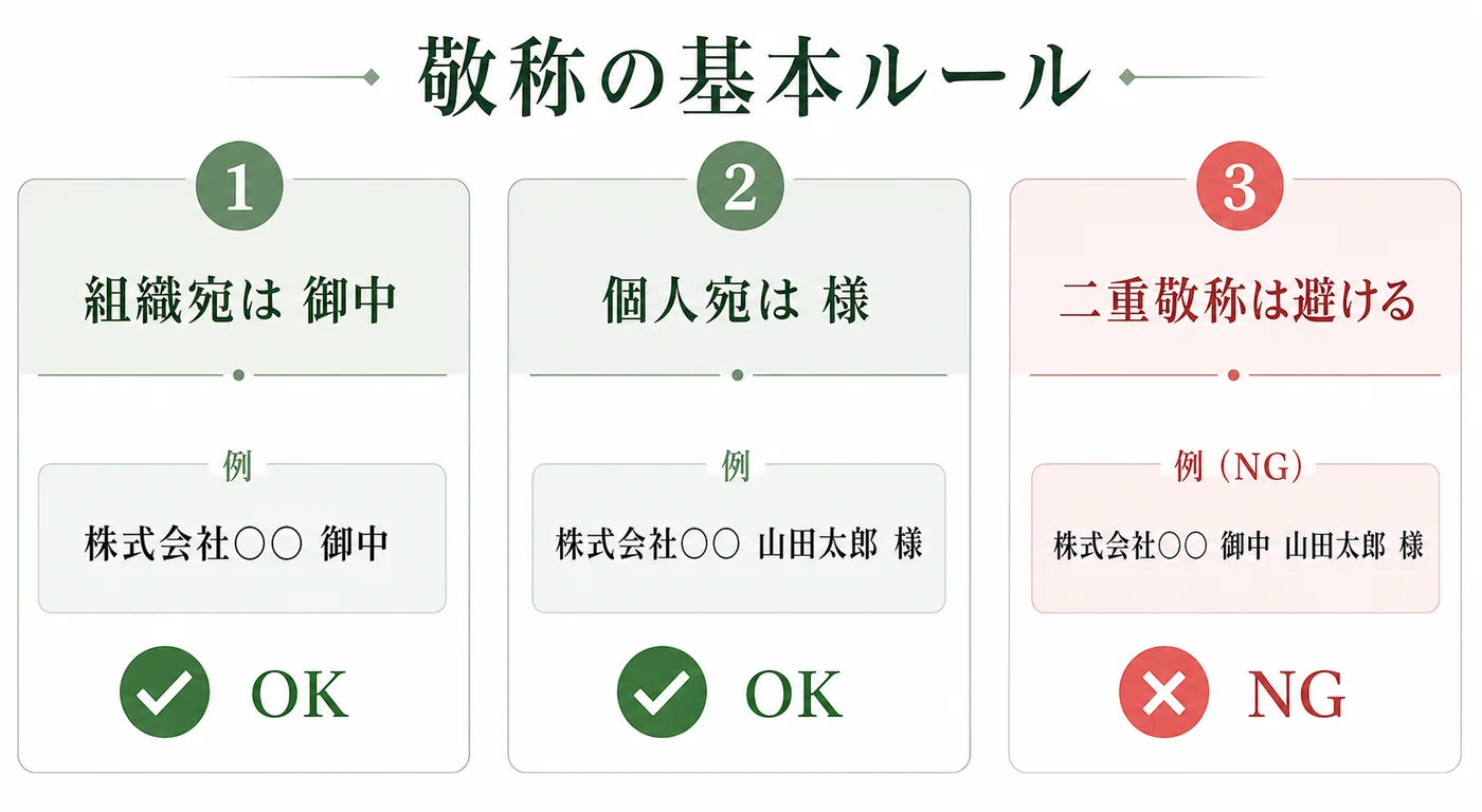 組織宛の御中・個人宛の様・二重敬称を避ける法人立札の敬称ルール図