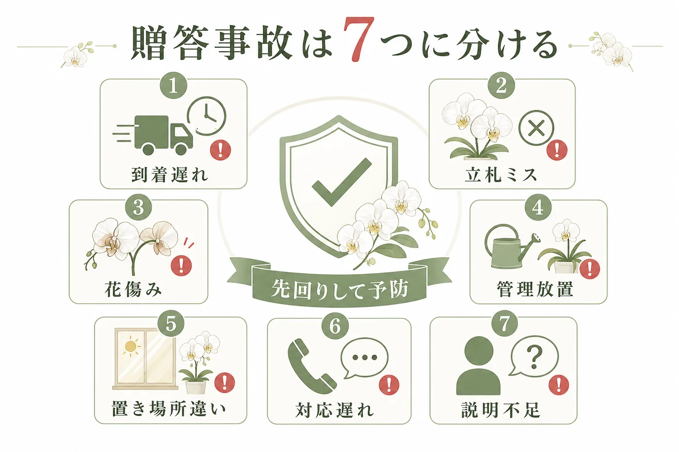 法人胡蝶蘭で起きる到着遅れ・立札ミス・花傷み・管理放置・置き場所違い・対応遅れ・説明不足を示す図解