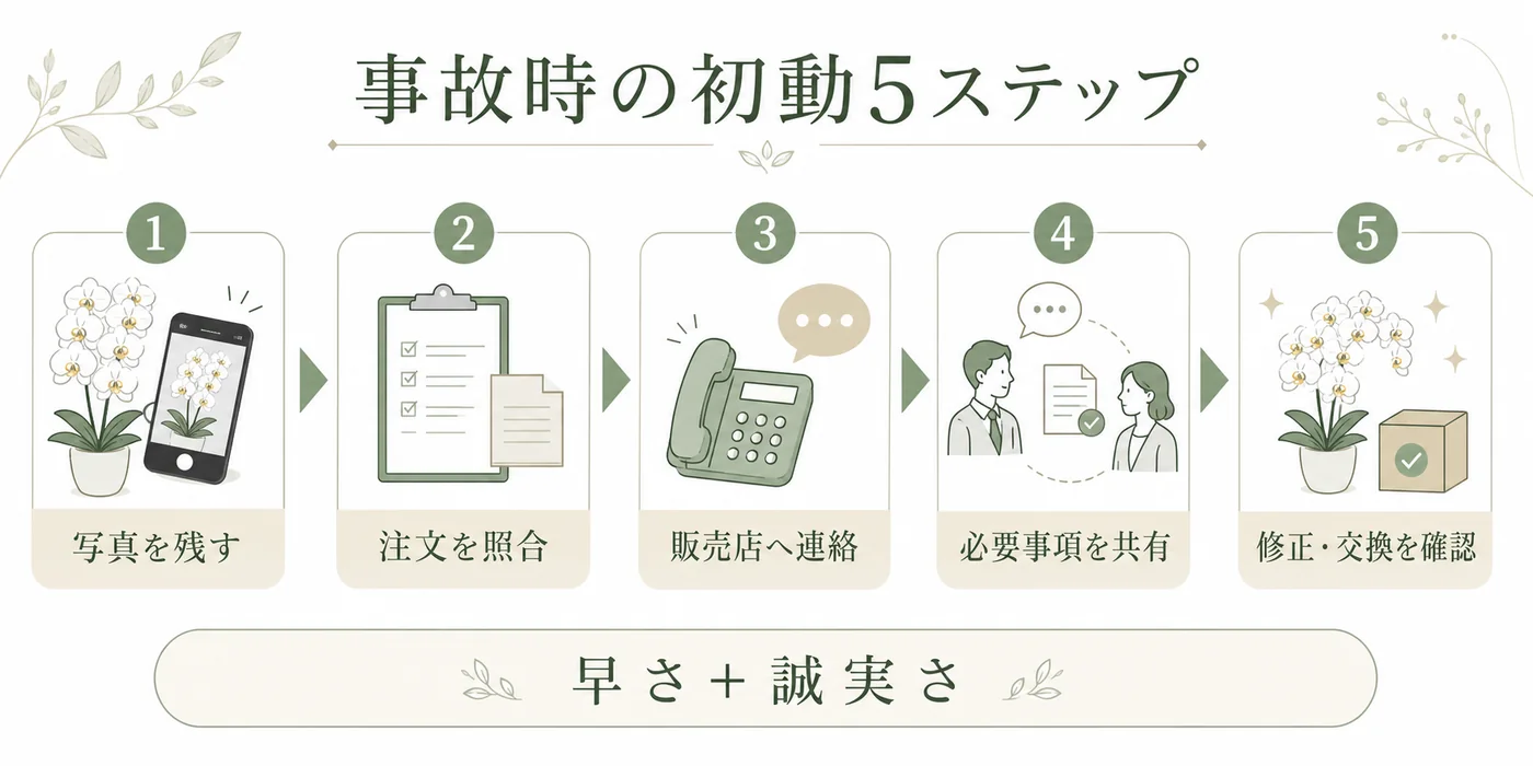写真記録・注文照合・販売店連絡・必要事項共有・修正交換確認の初動手順図
