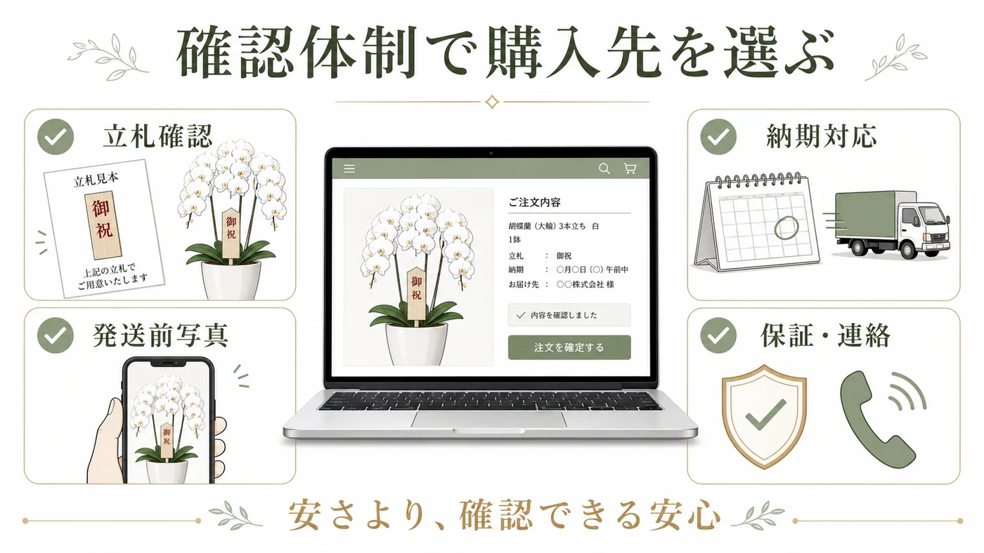 立札確認・納期対応・発送前写真・保証連絡を購入先選びで確認する図解
