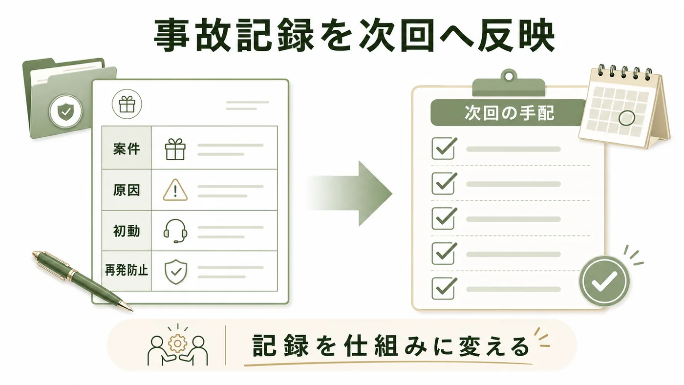 贈答事故の案件・原因・初動・再発防止を記録して次回チェックリストへ反映する図解