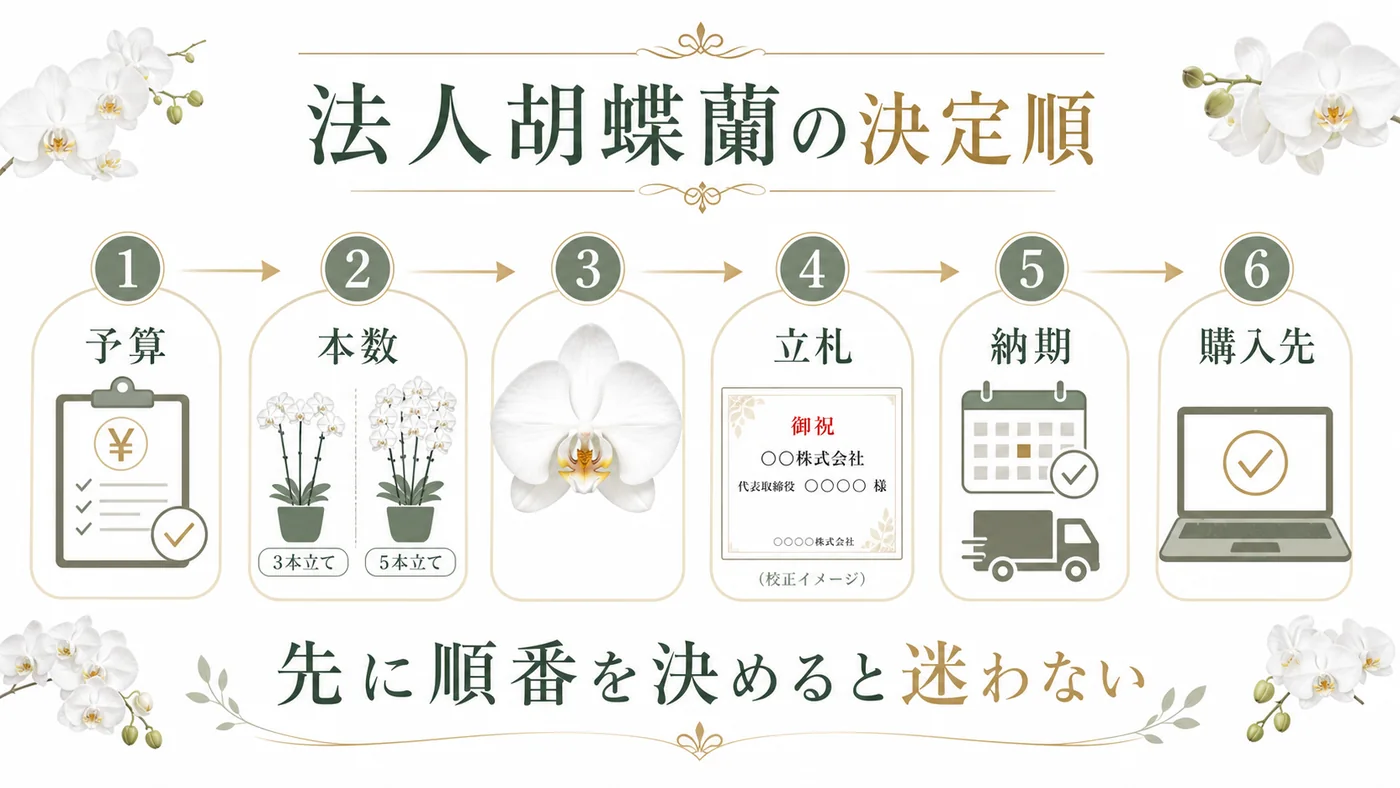 法人胡蝶蘭を予算・本数・色・立札・納期・購入先の順で決める図解