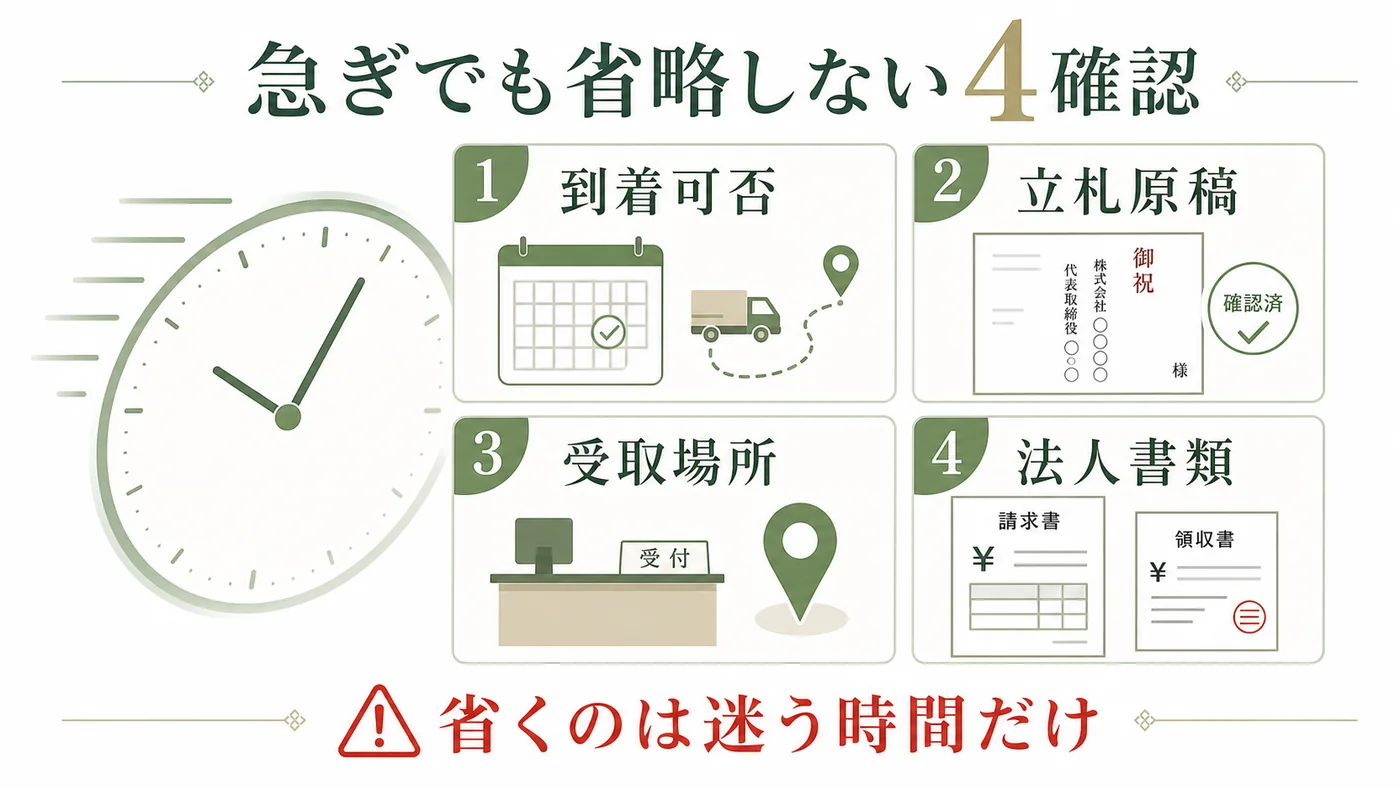 急ぎの法人胡蝶蘭手配で到着可否・立札原稿・受取場所・法人書類を確認する図解