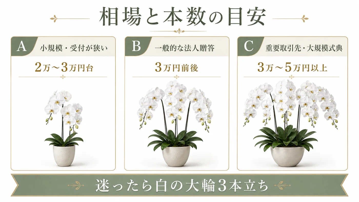 小規模店舗・一般的な法人贈答・重要取引先別に胡蝶蘭の予算と本数の目安を示す図解