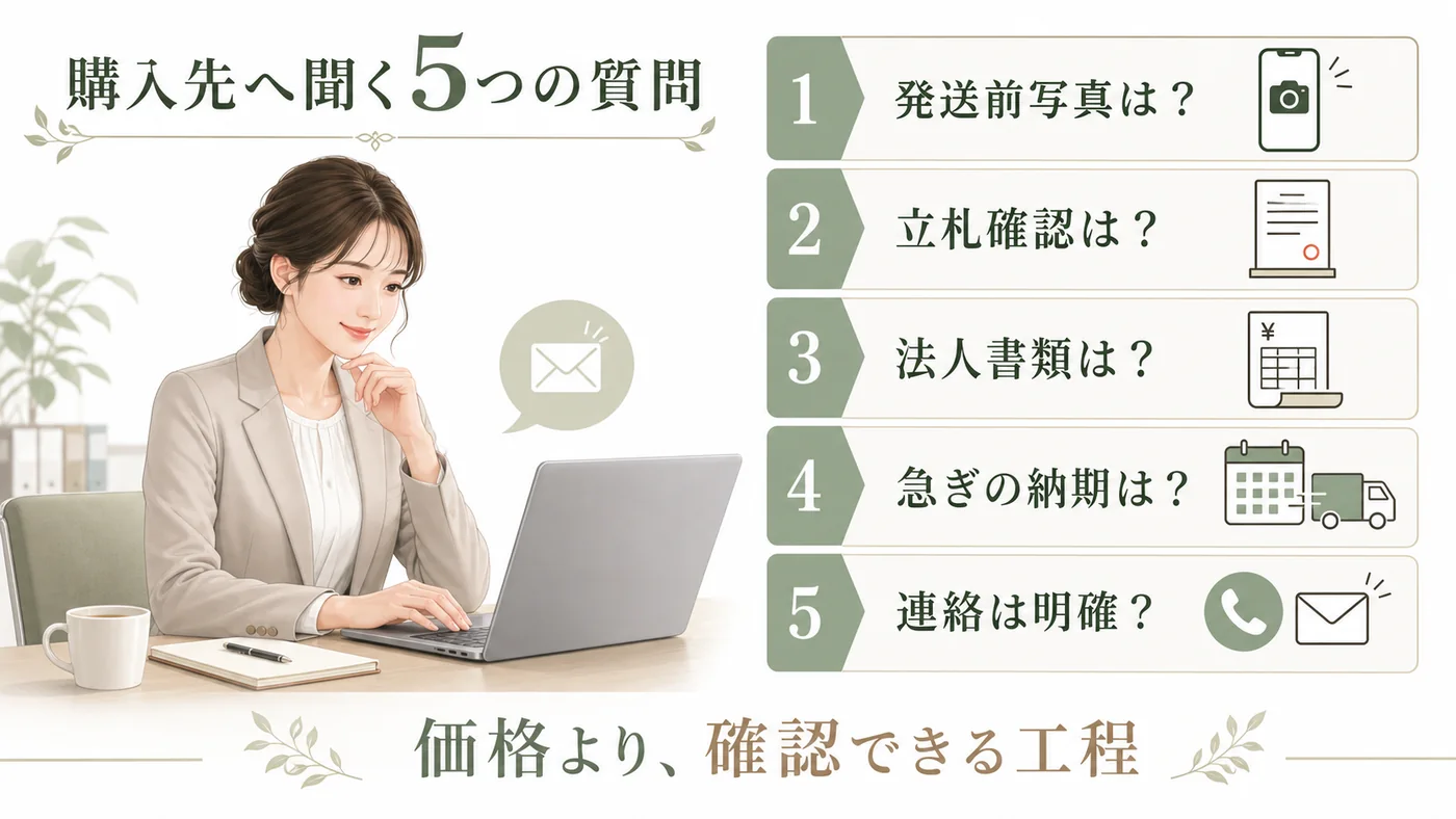 発送前写真・立札確認・法人書類・急ぎの納期・連絡の明確さを購入先へ確認する図解