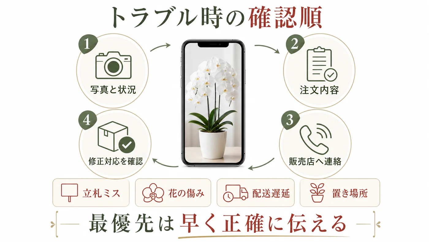 法人胡蝶蘭のトラブル時に写真と状況・注文内容・販売店連絡・修正対応の順で確認する図解